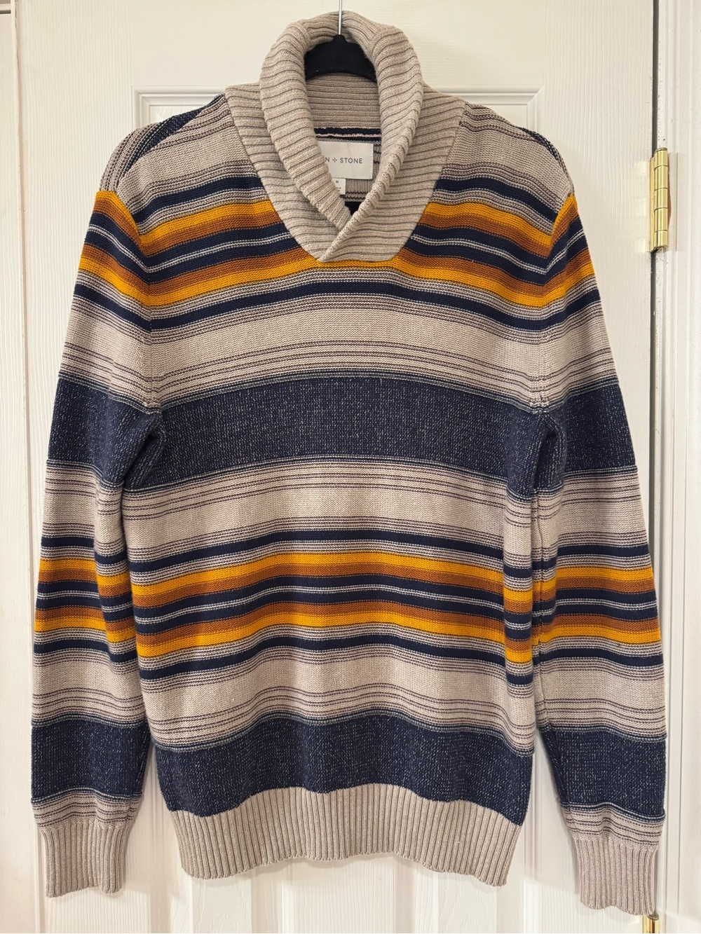 Sun + Stone Mens Shawl Collar Striped Cotton Knit Sweater Navy Yellow Grey M
